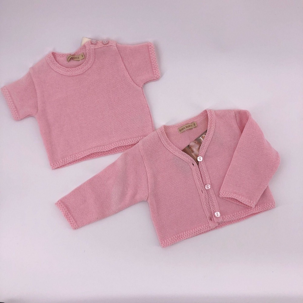 New 6 Mo Pink Short Sleeve Sweater & Cardigan Set Detailed Trim w Square Buttons